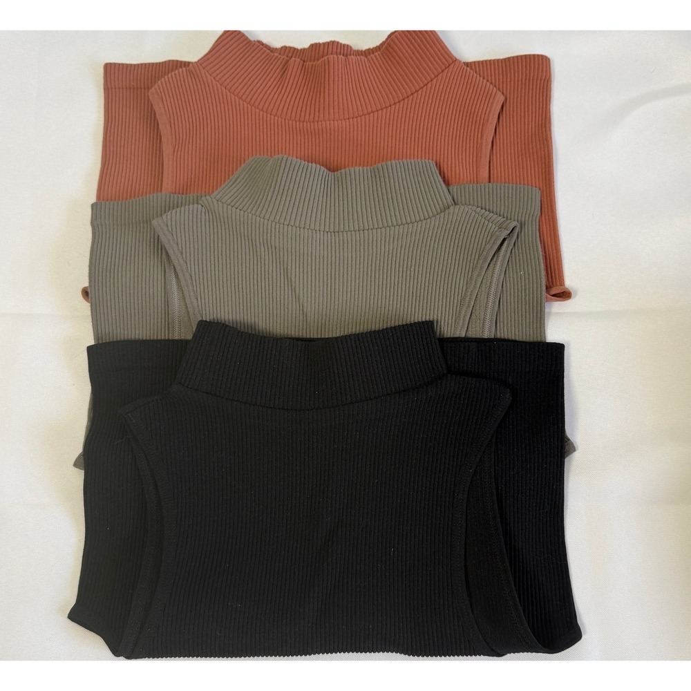 Lot of 3 Womens Tops Size M/L Black Grey Rust Ribbed Mock Neck Sleeveless Layer